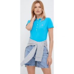 Polo Ralph Lauren polo 211870245010 damski z kołnierzykiem. Niebieskie t-shirty Polo Ralph Lauren, bez wzorów, z dzianiny, bez kołnierzyka, bez ramiączek. W wyprzedaży za 279.99 zł.