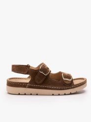 Brązowe sandały z dwoma paskami na rzep. Brązowe sandały Ryłko, bez wzorów, ze skóry, klasyczne, z okrągłym noskiem, bez obcasa, na obcasie, bez zapięcia. Za 429.99 zł.