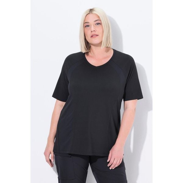 Damskie Bluzka funkcyjna szybkoschnąca dekolt w serek rękawy 1/2. Czarne t-shirty sportowe Ulla Popken, plus size, bez wzorów, z elastanu, bez ramiączek. Za 199.99 zł.