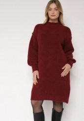 Bordowa Pudełkowa Sukienka Dzianinowa z Domieszką Wełny Netessa. Czerwone sukienki Born2be, bez wzorów, z dzianiny, eleganckie, bez kołnierzyka, bez ramiączek. Za 139.99 zł.