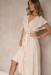 Beżowa Kopertowa Sukienka z Wiskozy Ozdobiona Paskiem Savioneira. Brązowe sukienki Renee, na co dzień, l, bez wzorów, z jeansu, eleganckie, bez kołnierzyka, bez ramiączek, maxi, kopertowe. W wyprzedaży za 63.99 zł.