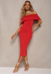 Czerwona Elegancka Sukienka Koktajlowa Hiszpanka o Dopasowanym Kroju Nuelia. Czerwone sukienki Renee, l, bez wzorów, z dzianiny, eleganckie, bez kołnierzyka, bez ramiączek, midi, dopasowane. W wyprzedaży za 99.99 zł.