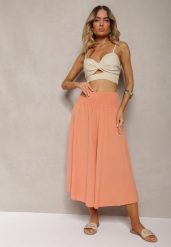 Pomarańczowe Spodnie Szerokie Luźne High Waist Inestria. Brązowe jeansy Renee, l, bez wzorów, z jeansu, z podwyższonym stanem. W wyprzedaży za 39.99 zł.