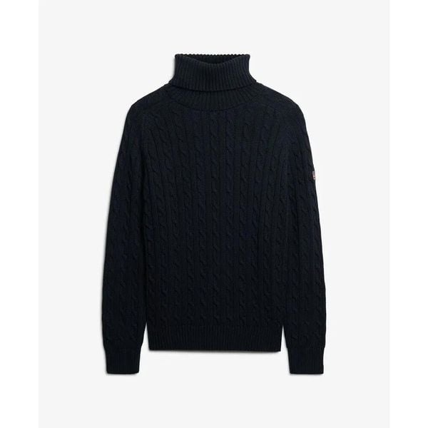 Sweter na plecionce z golfem damski Superdry. Niebieskie swetry Superdry, xs, bez wzorów, z dzianiny, eleganckie, bez ramiączek. Za 336.15 zł.