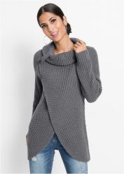 Sweter z grubej dzianiny. Szare swetry bonprix, bez wzorów, z dzianiny, eleganckie, bez ramiączek. Za 114.99 zł.