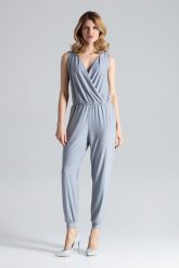 Szykowny Szary Kombinezon z Założeniem Kopertowym. Szare kombinezony Figl, l, bez wzorów, z elastanu, eleganckie, bez kołnierzyka, bez ramiączek. Za 259.00 zł.