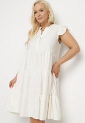 Jasnobeżowa Sukienka o Rozkloszowanym Kroju z Dekoltem w Serek Meverina. Brązowe sukienki Born2be, na co dzień, uniwersalny, z aplikacjami, eleganckie, bez kołnierzyka, bez ramiączek, midi, proste. W wyprzedaży za 59.49 zł.