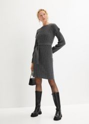 Sukienka dzianinowa z wiązanym paskiem. Szare sukienki bonprix, bez wzorów, z dzianiny, bez kołnierzyka, bez ramiączek. Za 119.99 zł.