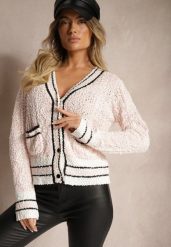 Różowy Kardigan z Wiskozą na Guziki z Paskami Liathalie. Czerwone swetry Renee, s, bez wzorów, z jeansu, eleganckie, bez ramiączek. W wyprzedaży za 95.99 zł.
