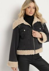 Ciemnoszara Kurtka Jeansowa z Bawełną i Futerkiem w Stylu Baranka Sallona. Szare kurtki Born2be, na jesień, l, bez wzorów, z bawełny, eleganckie, bez kaptura. Za 129.99 zł.