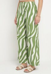 Zielono-Białe Szerokie Spodnie z Wysokim Stanem z Paskami Lisavitia. Zielone jeansy Born2be, bez wzorów, z jeansu, eleganckie, z podwyższonym stanem. Za 69.99 zł.