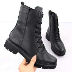 Skórzane workery damskie ocieplane czarne Remonte D1W76-00. Czarne botki Remonte, bez wzorów, ze skóry, bez obcasa, bez zapięcia. Za 281.99 zł.