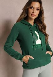 Zielona Bluza z Kapturem i Ozdobnym Nadrukiem Kliorre. Zielone bluzy Renee, l, bez wzorów, casualowe, bez ramiączek, z kapturem. W wyprzedaży za 71.99 zł.