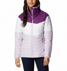 COLUMBIA Kurtka damska POWDER LITE BLOCKED JACKET Plum White Pale Lilac-M. Białe kurtki Columbia, na zimę, m, bez wzorów, z materiału, eleganckie, bez kaptura. Za 255.05 zł.