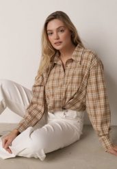 Beżowa Krótka Bawełniana Koszula w Kratę z Marszczeniem Wenatia. Brązowe koszule Born2be, m, bez wzorów, z bawełny, bez kołnierzyka, bez ramiączek. Za 109.99 zł.