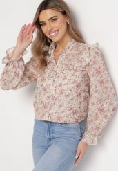 Jasnobeżowa Koszula z Błyszczącymi Drobinkami Falbankami i Wzorem w Kwiaty Vletanna. Brązowe koszule Born2be, l, bez wzorów, eleganckie, bez kołnierzyka, bez ramiączek. W wyprzedaży za 127.49 zł.
