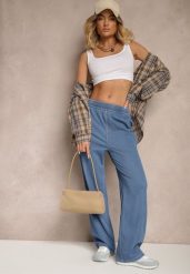 Niebieskie Spodnie Szerokie z Bawełną i Wiskozą High Waist z Imitacji Jeansu Heldexia. Niebieskie spodnie materiałowe Renee, bez wzorów, z bawełny, klasyczne, z podwyższonym stanem. Za 84.99 zł.