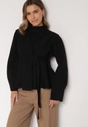 Czarny Kardigan z Wiskozą i Wiązaniem w Pasie Tusvela. Czarne swetry Born2be, bez wzorów, z jeansu, bez ramiączek. Za 119.99 zł.