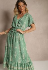 Zielona Rozkloszowana Sukienka z Falbanką w Print Boho z Wiskozą Tunova. Zielone sukienki Renee, na co dzień, l, bez wzorów, z wiskozy, boho, bez kołnierzyka, bez ramiączek, maxi, rozkloszowane. W wyprzedaży za 67.99 zł.