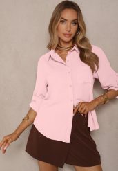 Różowa Koszula Ozdobiona Podwijanymi Rękawami Doviraella. Czerwone koszule Renee, l, bez wzorów, z jeansu, eleganckie, bez kołnierzyka, bez ramiączek. W wyprzedaży za 55.99 zł.