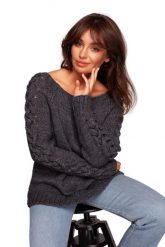 Sweter z Grubym Warkoczem na Rękawach - Szary. Szare swetry MOE, l, bez wzorów, z materiału, bez ramiączek. Za 204.58 zł.