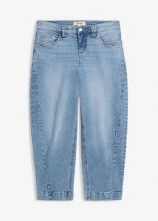 Jeansy o kroju barrel, średni stan, cropped. Niebieskie jeansy bonprix, bez wzorów, z jeansu. Za 149.99 zł.