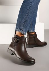 Brązowe Botki Typu Sztyblety Zdobione Elegancką Klamrą Delarael. Brązowe botki Renee, z aplikacjami, eleganckie, bez obcasa, na obcasie, bez zapięcia. W wyprzedaży za 45.49 zł.