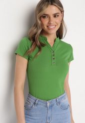 Zielony T-shirt Koszulka z Bawełny z Metalicznymi Guzikami Cariena. Zielone t-shirty Born2be, m, bez wzorów, z bawełny, bez kołnierzyka, bez ramiączek. Za 59.99 zł.