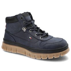 Granatowe Trapery Tommy Hilfiger Wygodne Buty Damskie. Niebieskie botki Tommy Hilfiger, bez wzorów, z materiału, eleganckie, bez obcasa, bez zapięcia. Za 319.00 zł.