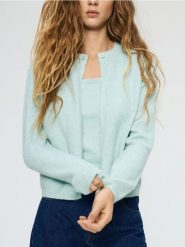 Kardigan z domieszką wełny - jasnoturkusowy. Niebieskie swetry Reserved, l, bez wzorów, z dzianiny, bez ramiączek. Za 99.99 zł.