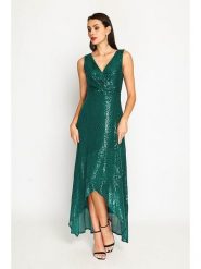 ASSUILI Sukienka w kolorze zielonym rozmiar: 42. Zielone sukienki Assuili, bez wzorów, klasyczne, z asymetrycznym kołnierzem, bez ramiączek, maxi, asymetryczne. Za 195.99 zł.