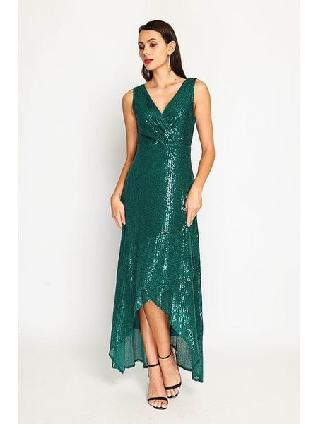 ASSUILI Sukienka w kolorze zielonym rozmiar: 42. Zielone sukienki Assuili, bez wzorów, klasyczne, z asymetrycznym kołnierzem, bez ramiączek, maxi, asymetryczne. Za 195.99 zł.