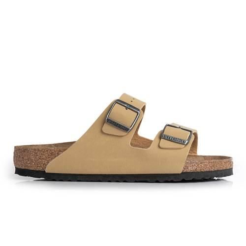 Klapki damskie Birkenstock Arizona. Żółte klapki Birkenstock, bez wzorów, z materiału, eleganckie, bez obcasa, bez zapięcia. Za 516.35 zł.