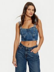 Guess Top W5RH03 D5ACC Granatowy Slim Fit. Niebieskie topy Guess, xl, z aplikacjami, z bawełny, bez kołnierzyka, bez ramiączek. Za 459.99 zł.