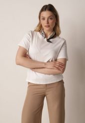 Biały Bawełniany T-shirt z Satynową Apaszką Cloud. Białe t-shirty Born2be, l, bez wzorów, z bawełny, biznesowe, bez kołnierzyka, bez ramiączek. Za 59.99 zł.