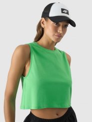 4F Crop-top oversize gładki damski - zielony S. Zielone topy 4f, s, bez wzorów, z bawełny, sportowe, bez kołnierzyka, bez ramiączek. Za 39.99 zł.