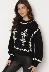 Czarny Sweter z Wiskozą Ozdobiony Haftem Senorwen. Czarne swetry Born2be, bez wzorów, z jeansu, eleganckie, bez ramiączek. W wyprzedaży za 118.99 zł.