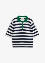 Cienki sweter z kołnierzykiem polo. Niebieskie swetry bonprix, bez wzorów, bez ramiączek. Za 94.99 zł.