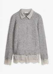 Sweter z koszulową wstawką. Szare swetry bonprix, bez wzorów, z koronki, eleganckie, bez ramiączek. Za 129.99 zł.