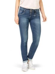 Timezone Dżinsy "Enya" - Slim fit - w kolorze niebieskim rozmiar: W26/L34. Niebieskie jeansy Timezone, l, z aplikacjami, ze skóry, klasyczne, z podwyższonym stanem. Za 190.45 zł.