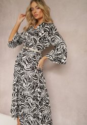 Czarno-Biała Sukienka Maxi z Falbanką z Guzikami i Liściastym Wzorem Polka. Czarne sukienki Renee, m, bez wzorów, eleganckie, bez kołnierzyka, bez ramiączek, maxi. W wyprzedaży za 75.99 zł.