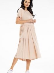 Sukienka Model A639 Beige - awama. Brązowe sukienki Awama, na spacer, l, bez wzorów, z bawełny, bez kołnierzyka, bez ramiączek, midi. Za 340.97 zł.