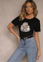 Czarny Bawełniany T-shirt z Kokardą 3D i Nadrukiem Tortu Sanaviela. Czarne t-shirty Renee, l, bez wzorów, z bawełny, eleganckie, bez kołnierzyka, bez ramiączek. W wyprzedaży za 35.99 zł.