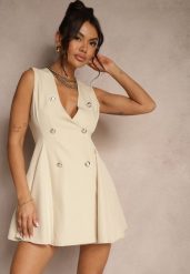 Beżowa Sukienka o Rozkloszowanym Kroju z Guzikami Tallisca. Brązowe sukienki Renee, m, bez wzorów, eleganckie, bez kołnierzyka, bez ramiączek, mini, rozkloszowane. W wyprzedaży za 107.99 zł.