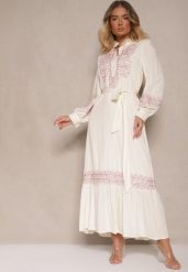 Jasnobeżowa Wiskozowa Sukienka Boho o Rozkloszowanym Kroju ze Stójką i Haftem Kolessaria. Brązowe sukienki Renee, na co dzień, m, z aplikacjami, z poliesteru, boho, bez kołnierzyka, bez ramiączek, maxi, rozkloszowane. W wyprzedaży za 203.99 zł.