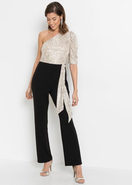 Kombinezon z cekinami. Czarne kombinezony bonprix, bez wzorów, eleganckie, bez kołnierzyka, bez ramiączek. Za 229.99 zł.