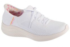 Buty sportowe Sneakersy damskie, Slip-Ins: Ultra Flex 3.0 - Morning Blosso. Białe buty treningowe Skechers, bez wzorów, z materiału, przed kostkę, bez zapięcia, trekkingowe. Za 349.99 zł.