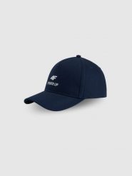 4F Czapka z daszkiem strapback uniseks - granatowa S/M. Niebieskie czapki z daszkiem 4f, bez wzorów, z materiału. Za 79.99 zł.