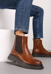 Brązowe Płaskie Botki w Stylu Sztybletów Ozdobione Elastyczną Gumką Miarida. Brązowe botki Renee, z aplikacjami, z jeansu, eleganckie, bez obcasa, na płaskiej podeszwie, bez zapięcia. W wyprzedaży za 87.49 zł.