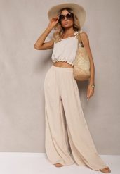 Beżowe Letnie Spodnie o Szerokim Fasonie z Gumką w Talii Philomen. Brązowe jeansy Renee, na lato, l, bez wzorów, z jeansu. Za 89.99 zł.